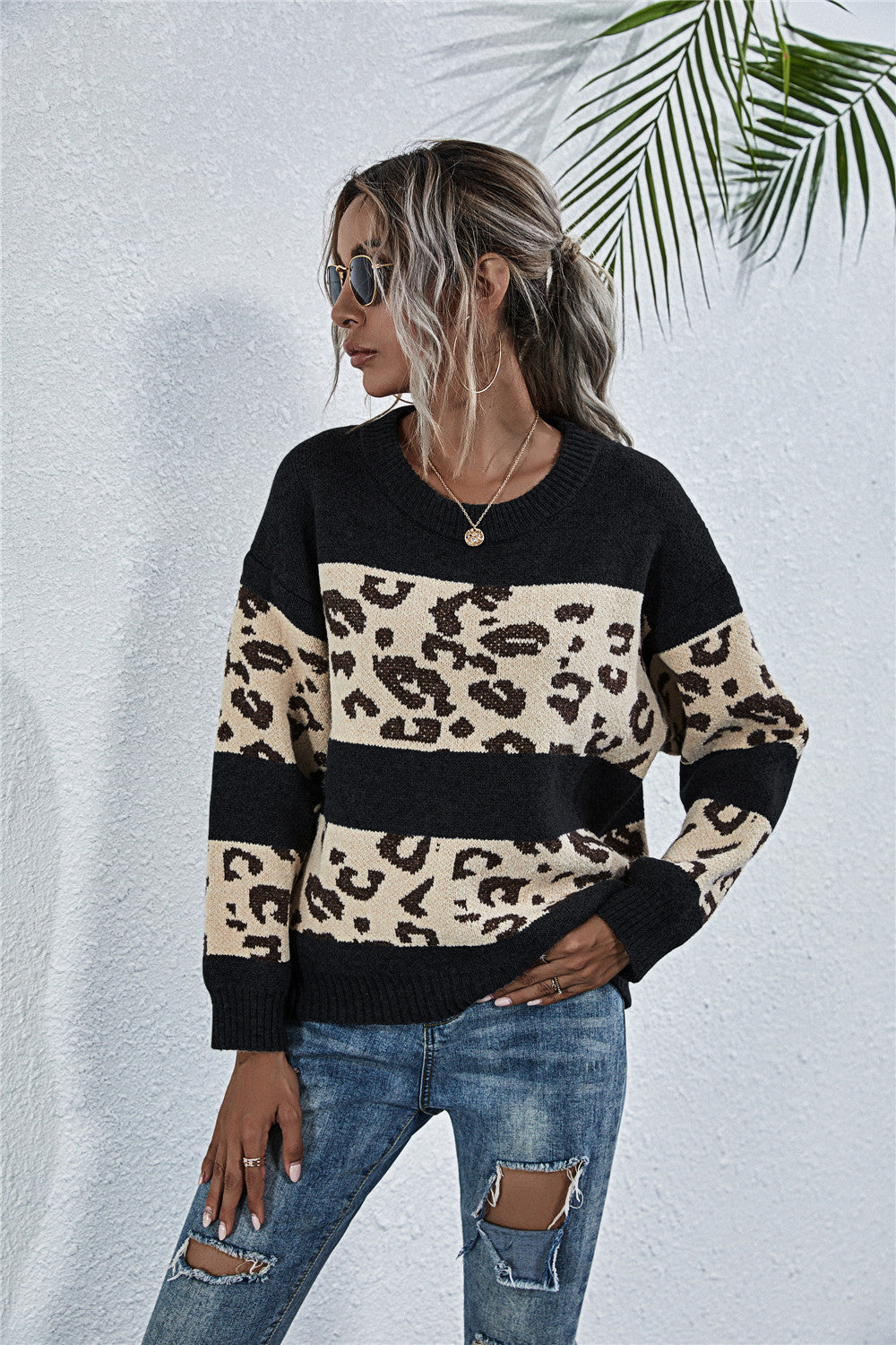 Damen gemütlicher Strickpullover mit Leopardenmuster R&B