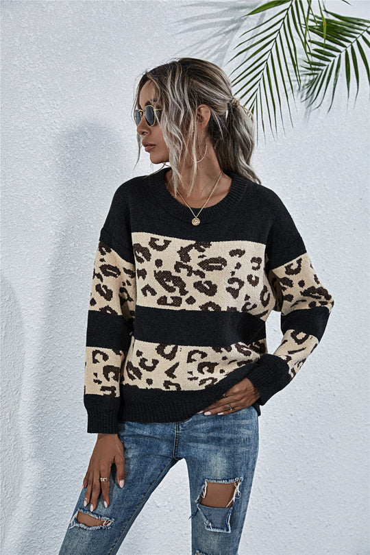 Damen gemütlicher Strickpullover mit Leopardenmuster R&B