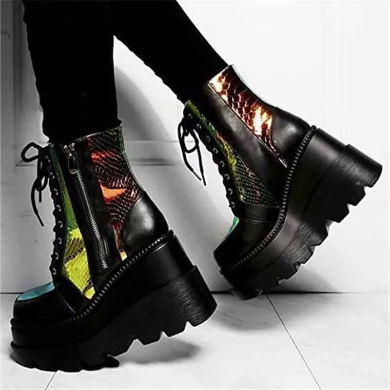 Damen Hochformatige Plateau-Schnürstiefel mit Kunstleder und reflektierenden Akzenten R&B