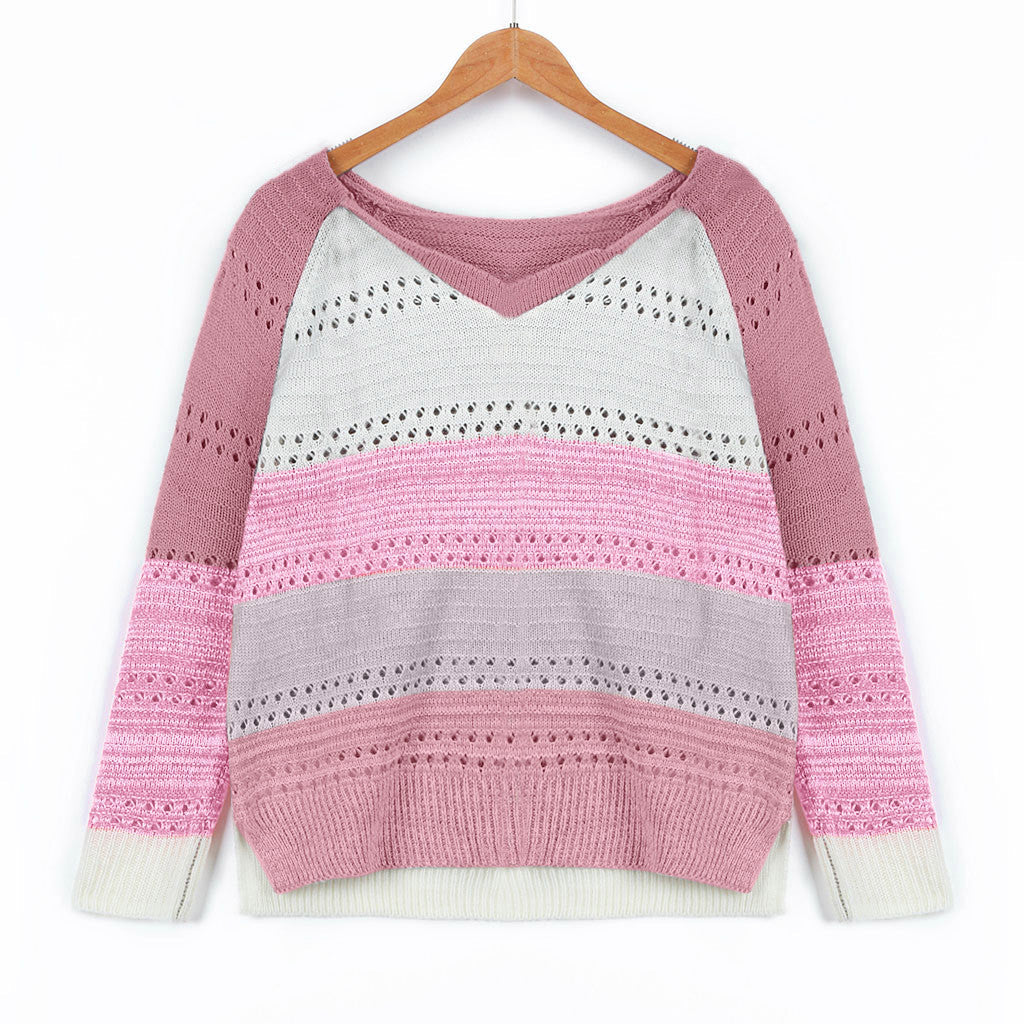 Damen Strickpullover mit V-Ausschnitt und zarten Lochmustern R&B