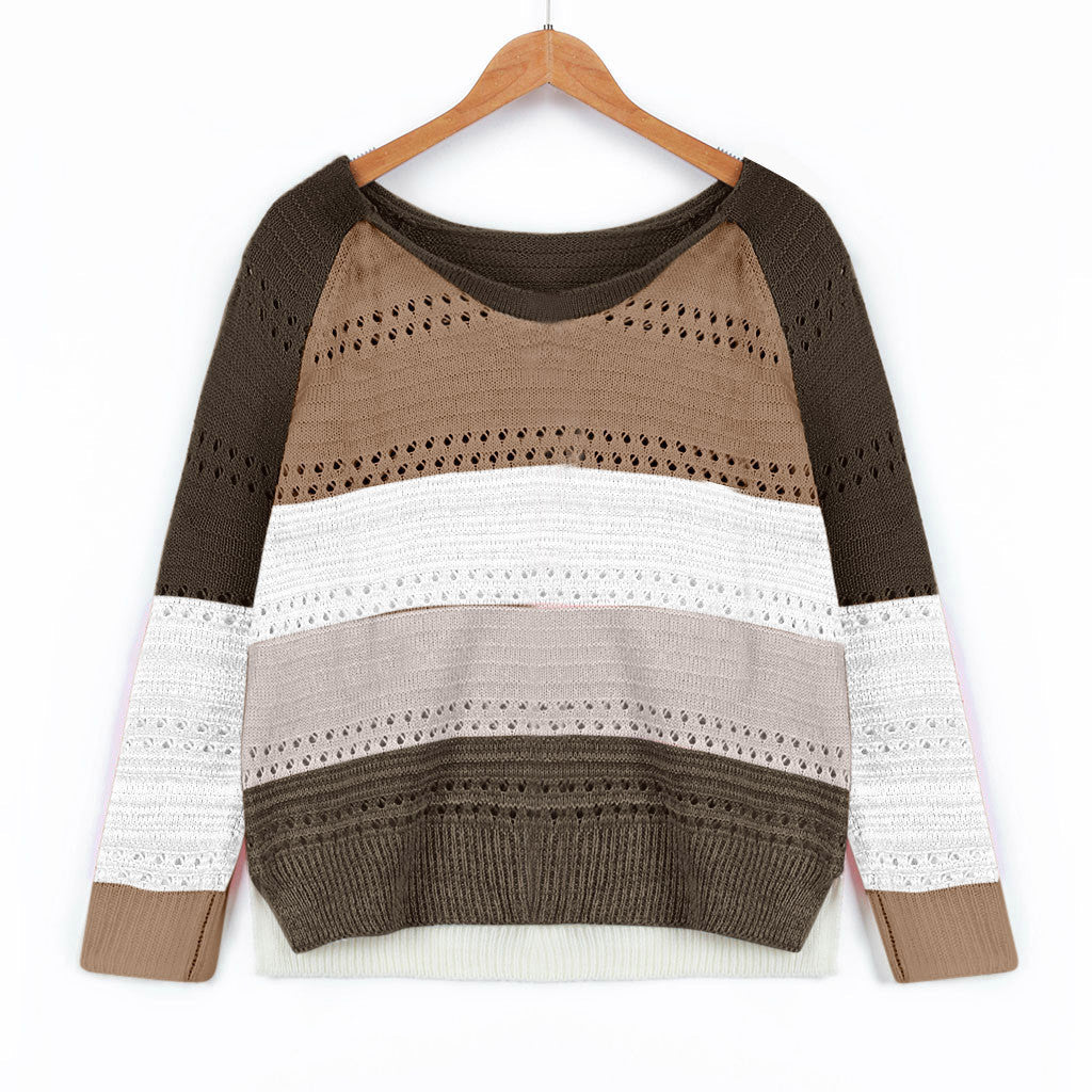 Damen Strickpullover mit ausgefallenem Farbdesign und modischem Lochmuster R&B
