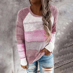 Damen Strickpullover mit ausgefallenem Farbdesign und modischem Lochmuster R&B