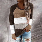Damen Strickpullover mit ausgefallenem Farbdesign und modischem Lochmuster R&B