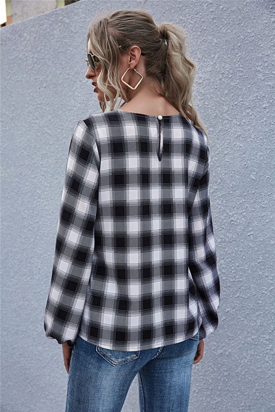 Damen Bluse mit Knoten-Detail und lässigem Karomuster R&B