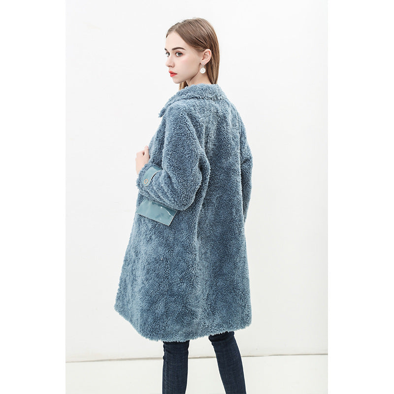 Damen Flauschiger Kunstfell-Mantel mit Taschen und klassischem Kragen R&B