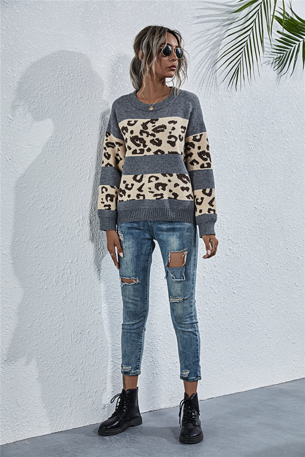 Damen gemütlicher Strickpullover mit Leopardenmuster R&B