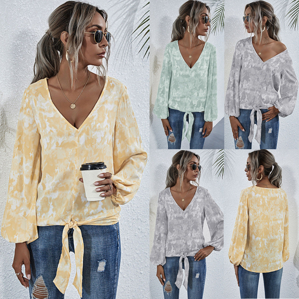 Damen Bluse mit V-Ausschnitt und verspieltem Knoten R&B
