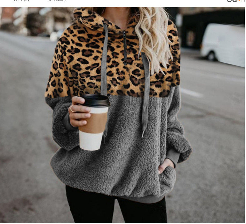 Damen Trendiger Zip-Hoodie mit Leopardenmuster und kuscheligem Fleece R&B