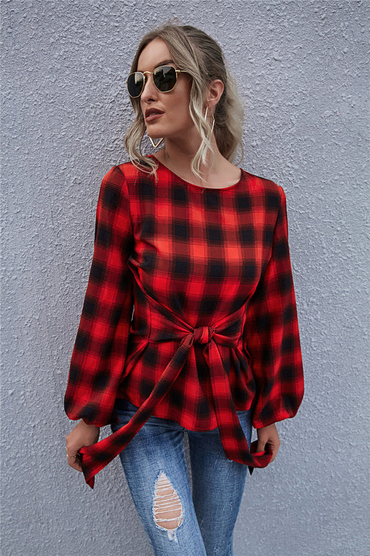 Damen Bluse mit Knoten-Detail und lässigem Karomuster R&B