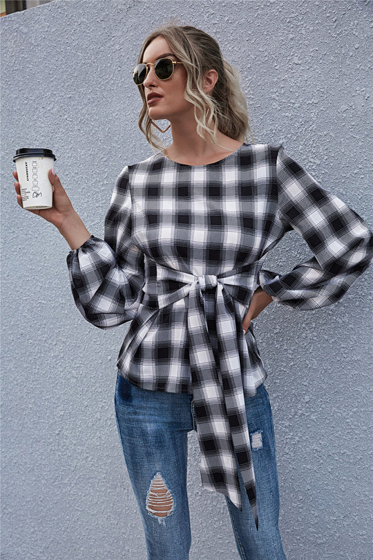 Damen Bluse mit Knoten-Detail und lässigem Karomuster R&B