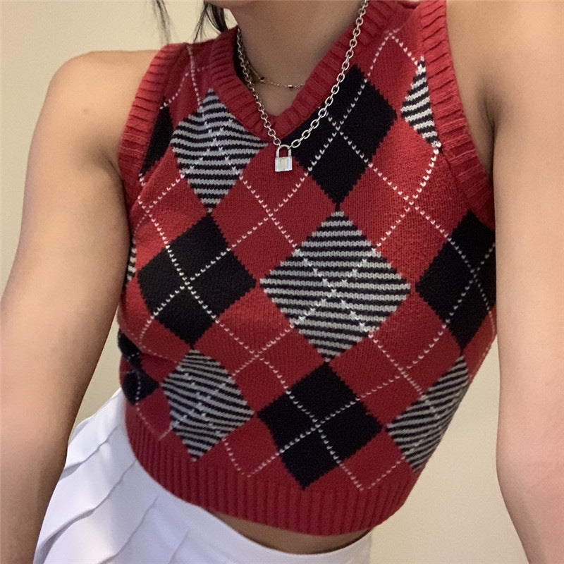 Damen ärmelloses Strickoberteil im modischen Argyle-Muster R&B