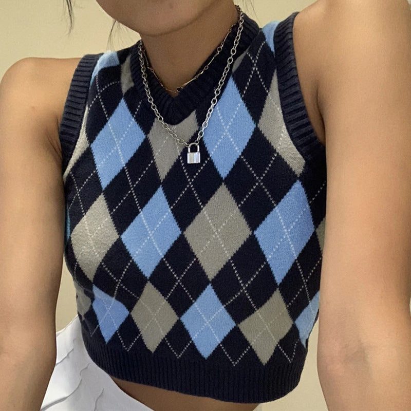 Damen ärmelloses Strickoberteil im modischen Argyle-Muster R&B