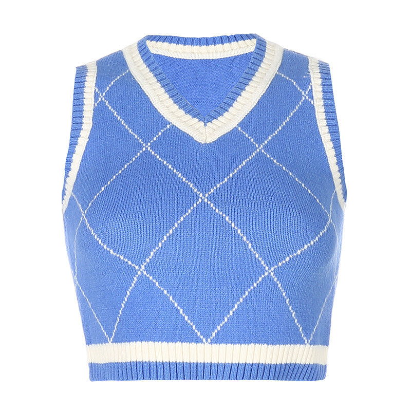 Damen gestricktes Crop-Top mit Rautenmuster und V-Ausschnitt R&B