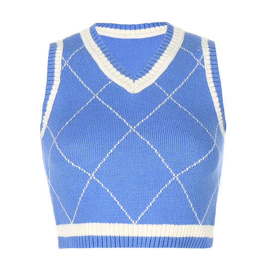 Damen gestricktes Crop-Top mit Rautenmuster und V-Ausschnitt R&B
