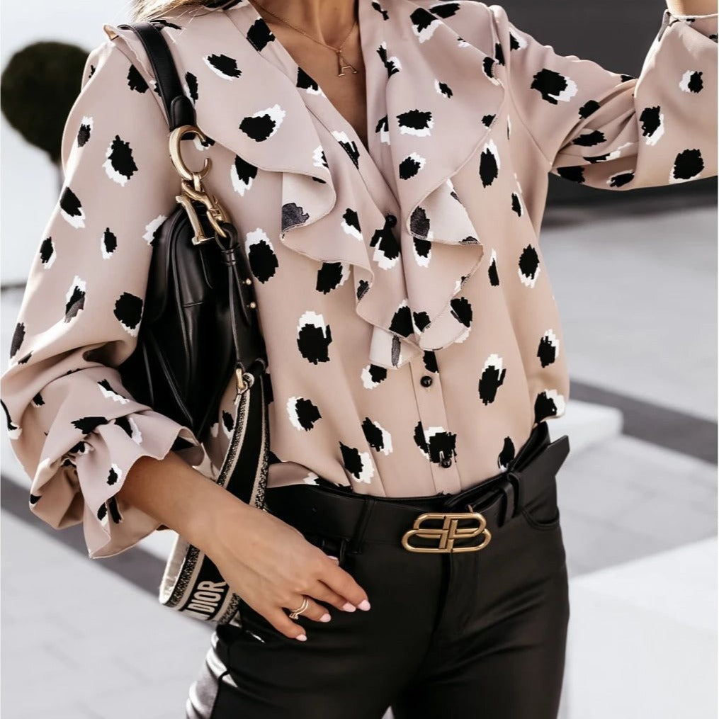 Damen Bluse mit voluminösen Rüschendetails und modernem Punktedesign R&B
