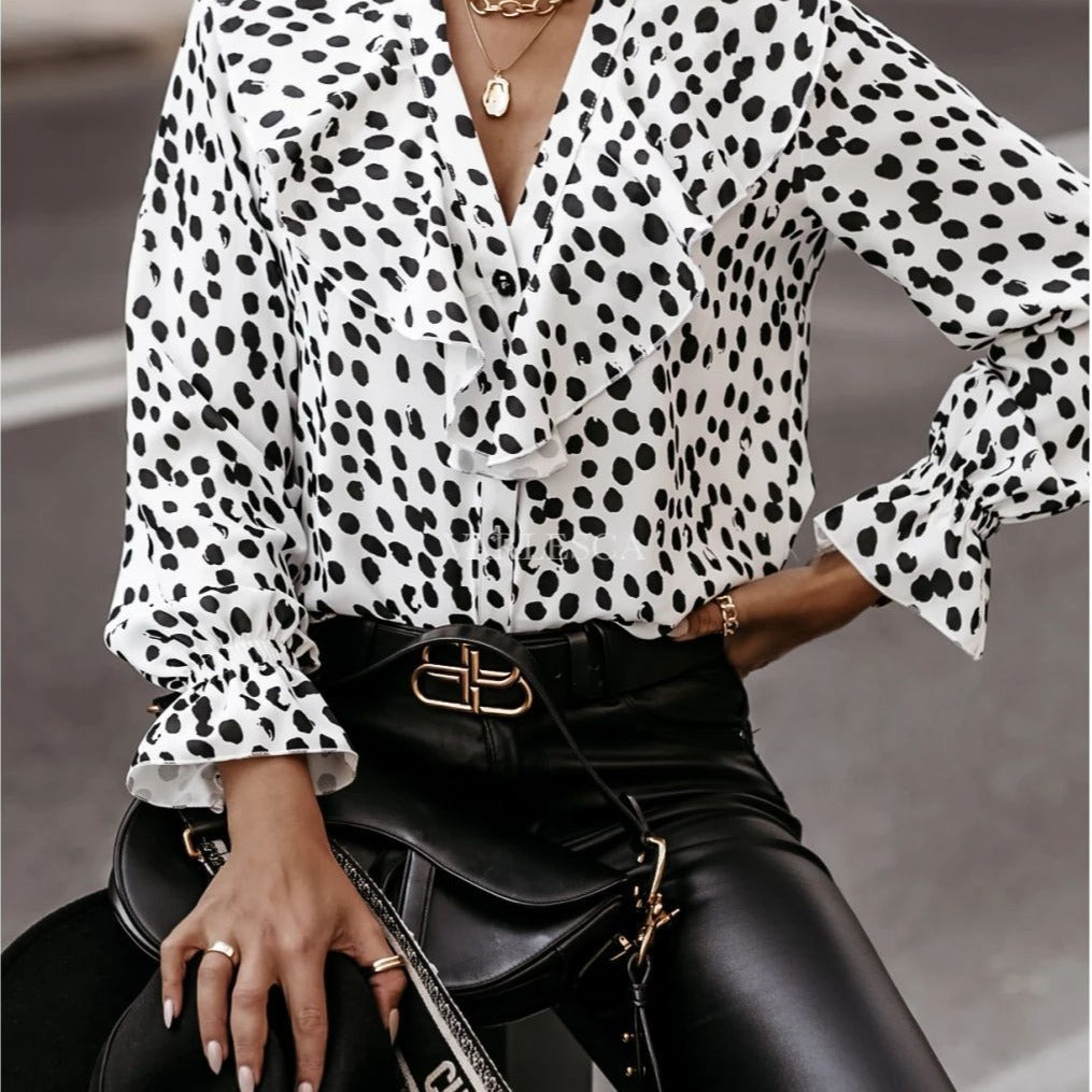 Damen Bluse mit voluminösen Rüschendetails und modernem Punktedesign R&B