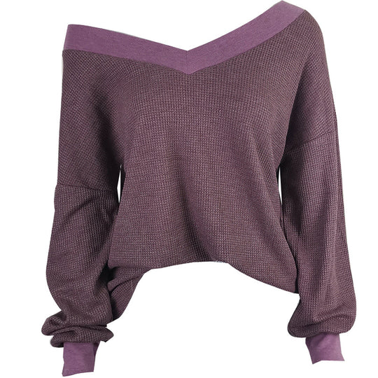 Damen lässiger off-shoulder Pullover im Waffle-Design mit weitem Schnitt R&B