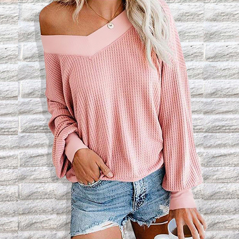 Damen lässiger off-shoulder Pullover im Waffle-Design mit weitem Schnitt R&B