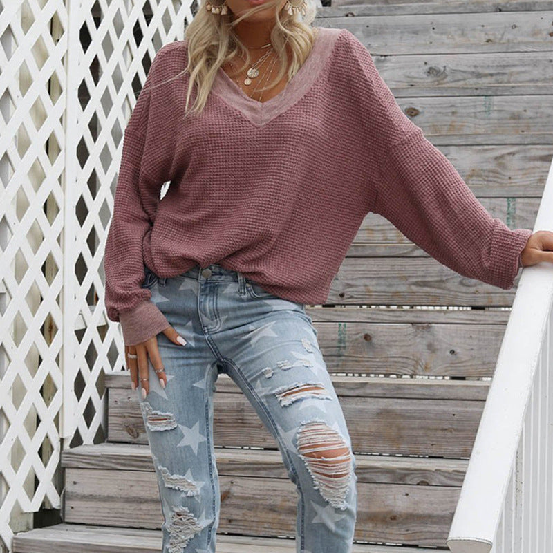 Damen lässiger off-shoulder Pullover im Waffle-Design mit weitem Schnitt R&B
