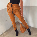 Damen elegante Kunstlederhose mit elastischem Bund und Kordelzug R&B