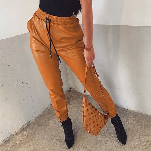 Damen elegante Kunstlederhose mit elastischem Bund und Kordelzug R&B