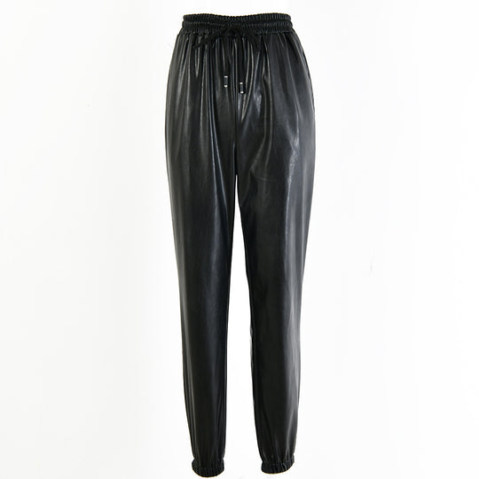 Damen elegante Kunstlederhose mit elastischem Bund und Kordelzug R&B