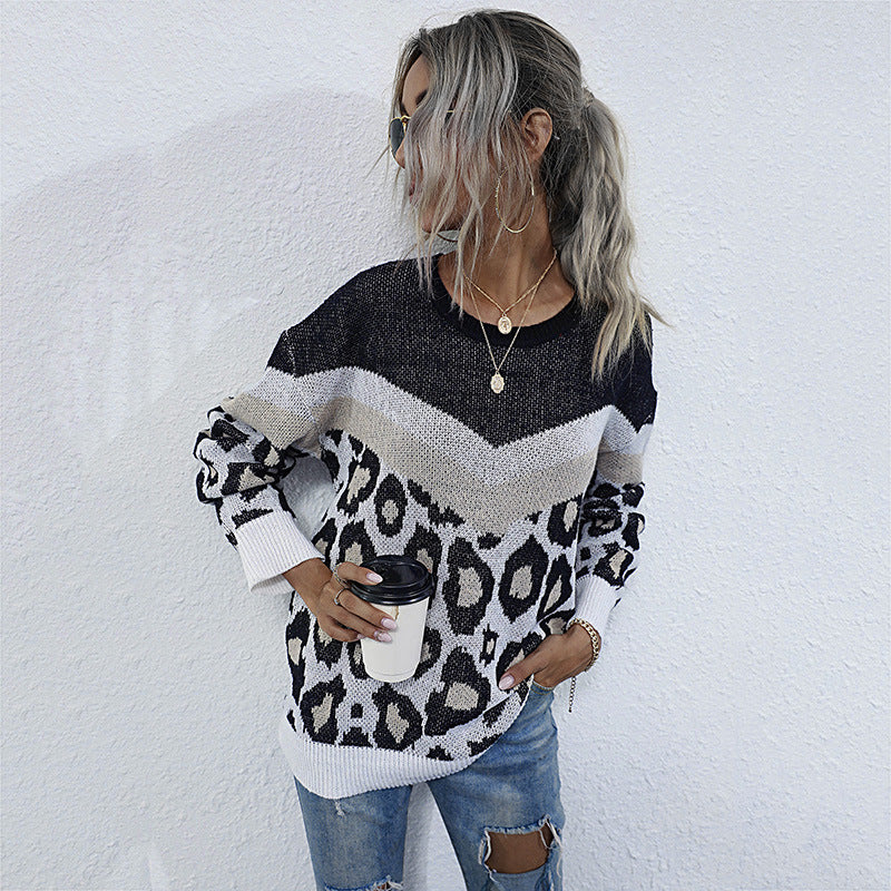 Damen lässiger Strickpullover mit grafischem Leoparden-Design R&B