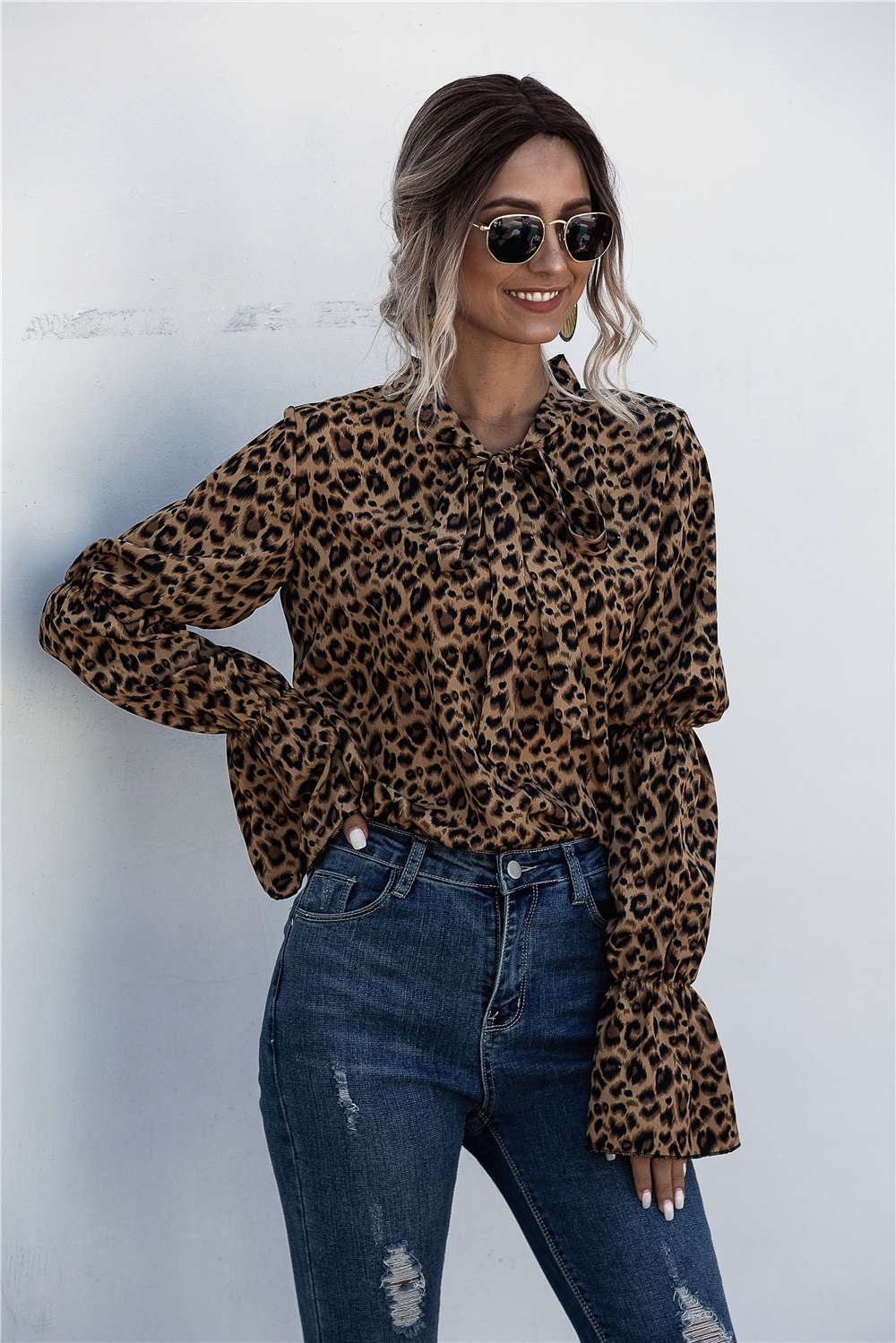 Damen Lockere Bluse mit weitem Ärmel und modischem Leomuster R&B