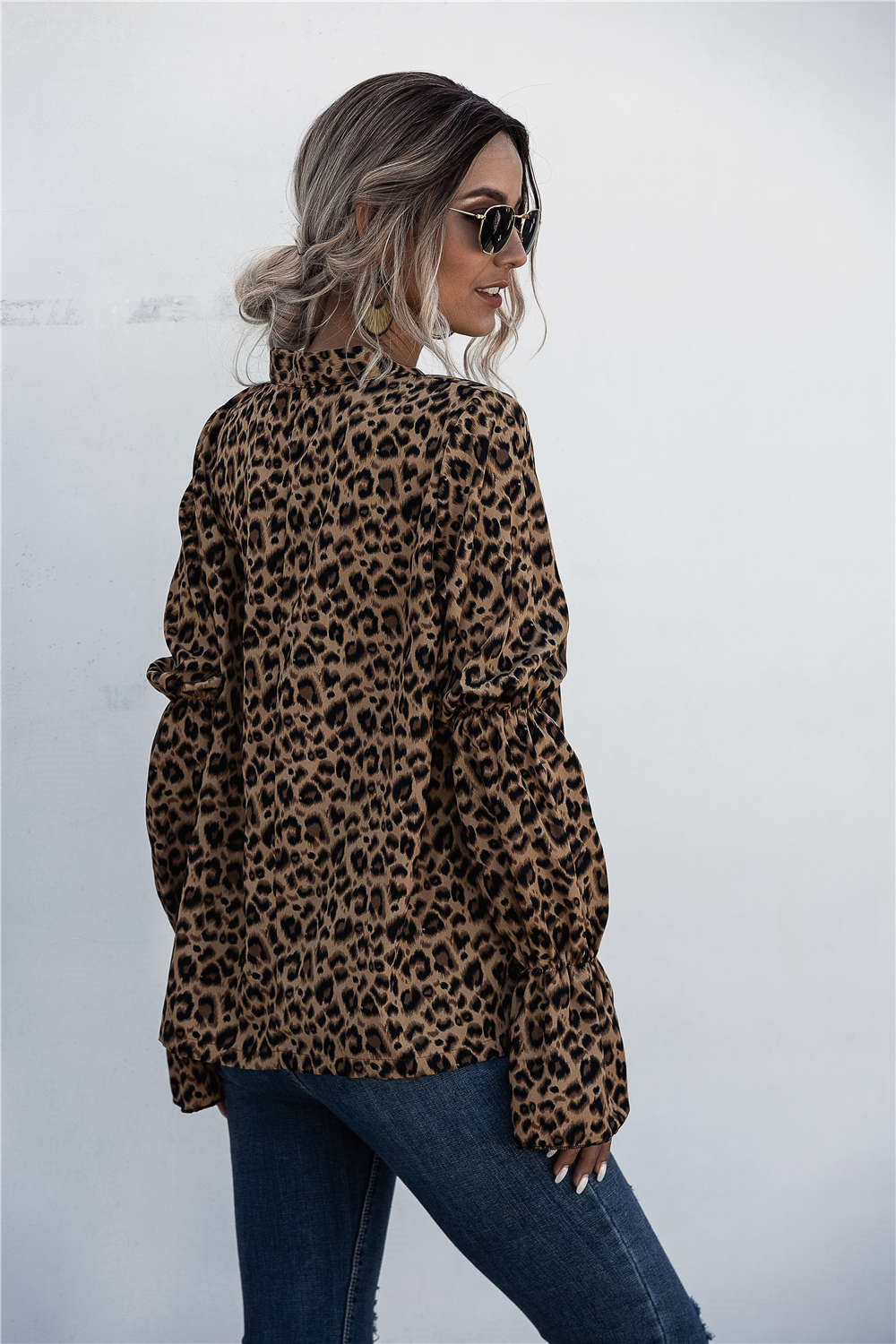 Damen Lockere Bluse mit weitem Ärmel und modischem Leomuster R&B