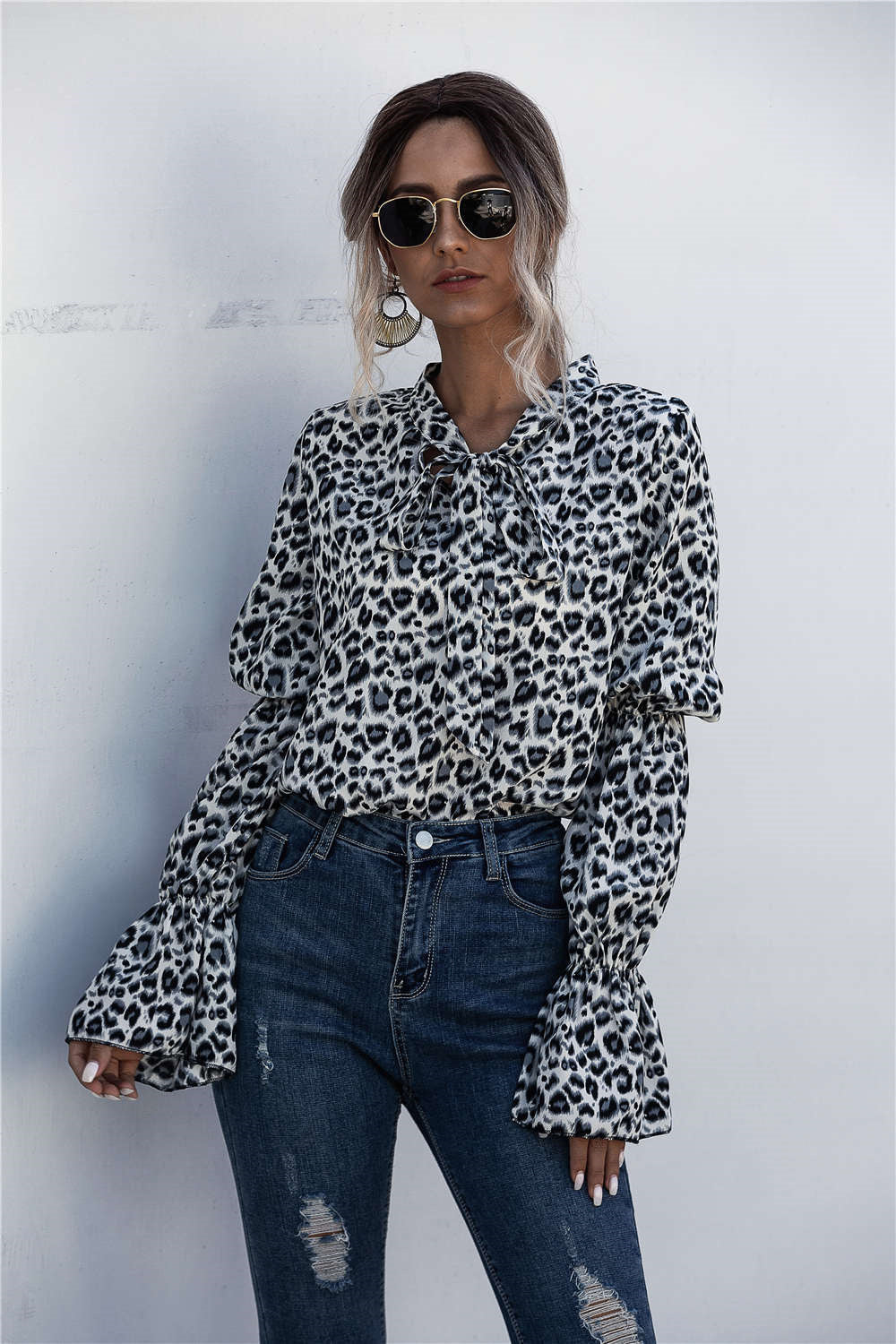 Damen Lockere Bluse mit weitem Ärmel und modischem Leomuster R&B