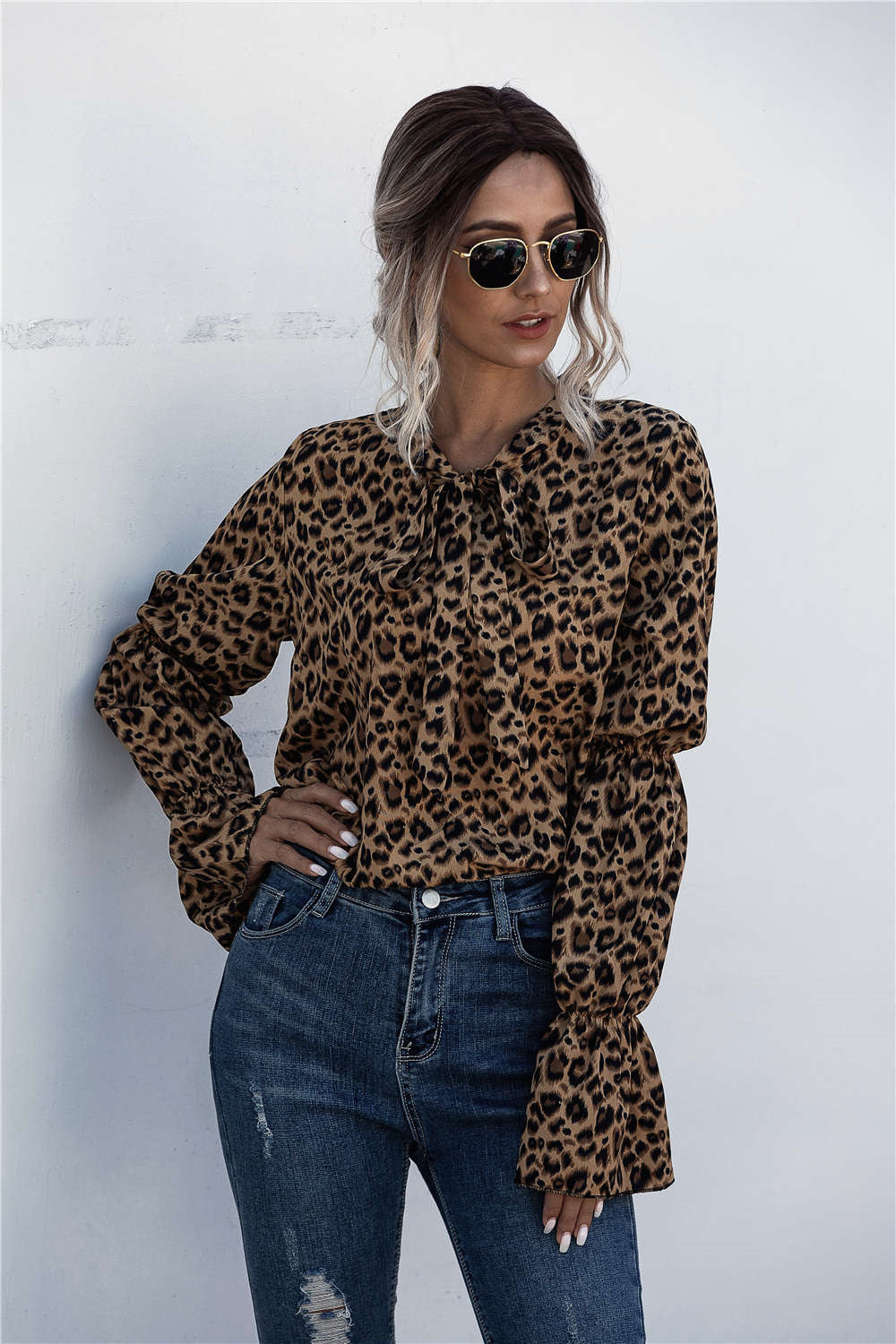 Damen Lockere Bluse mit weitem Ärmel und modischem Leomuster R&B