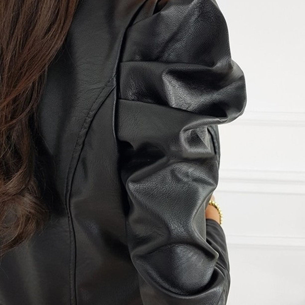 Damen nan taillierte Kurzjacke aus Kunstleder mit Puffärmeln und Reißverschluss R&B