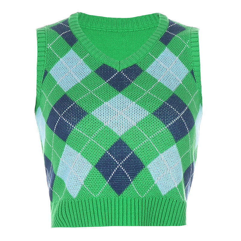 Damen ärmelloses Strickoberteil im modischen Argyle-Muster R&B