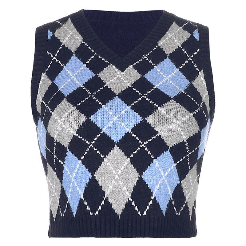 Damen ärmelloses Strickoberteil im modischen Argyle-Muster R&B