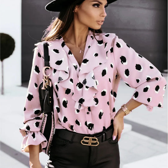 Damen Bluse mit voluminösen Rüschendetails und modernem Punktedesign R&B