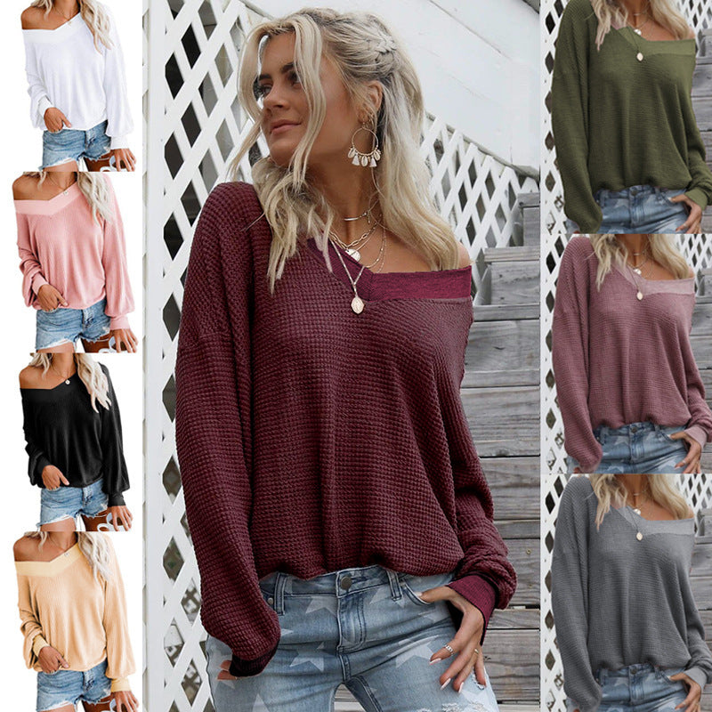 Damen lässiger off-shoulder Pullover im Waffle-Design mit weitem Schnitt R&B