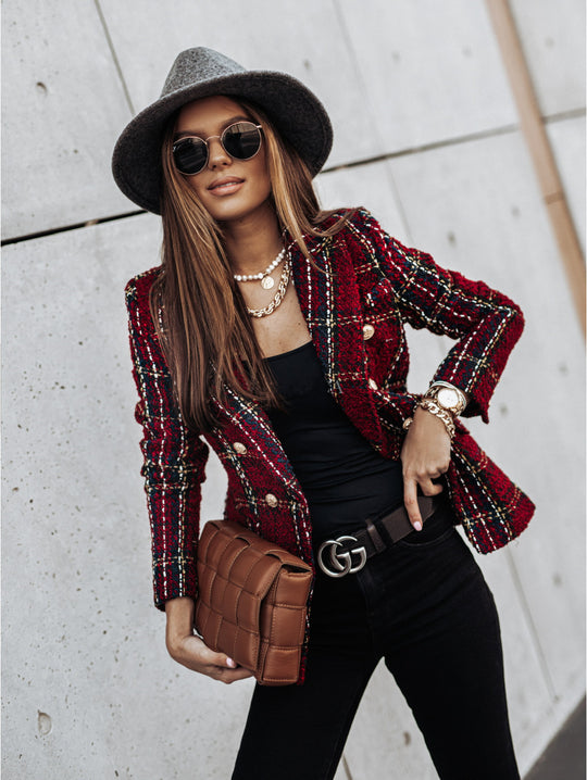 Damen modische Blazerjacke im Tweed-Stil mit schicken Knopfdetails R&B