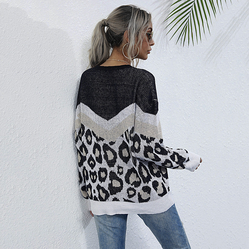 Damen lässiger Strickpullover mit grafischem Leoparden-Design R&B