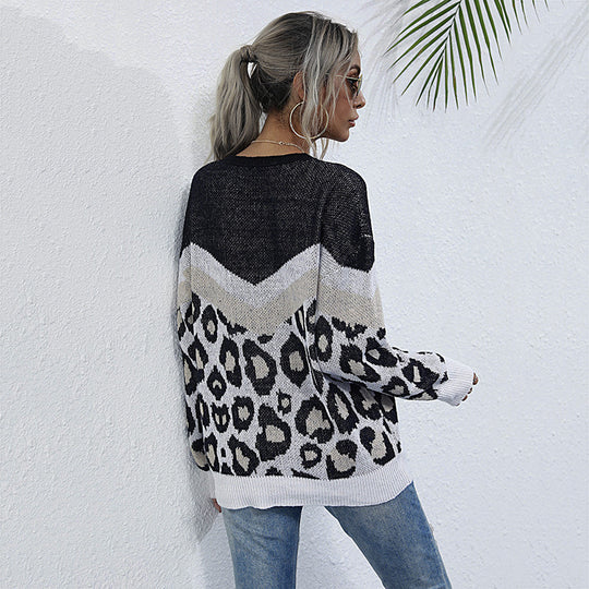 Damen lässiger Strickpullover mit grafischem Leoparden-Design R&B