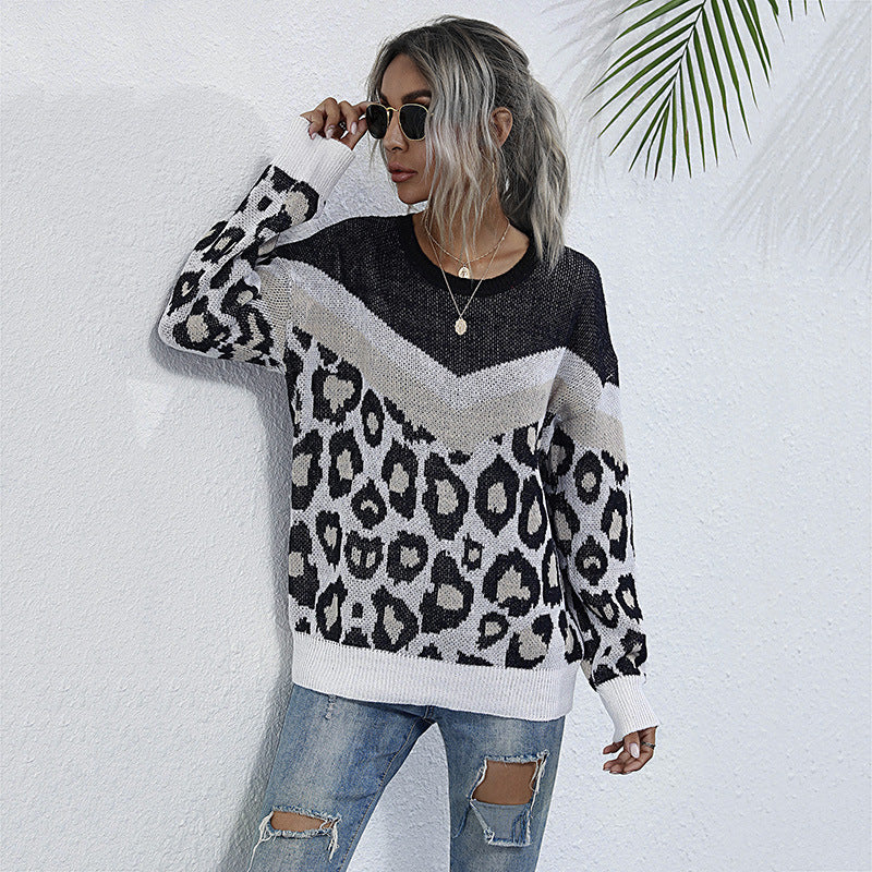 Damen lässiger Strickpullover mit grafischem Leoparden-Design R&B