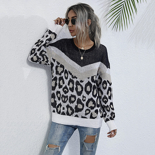 Damen lässiger Strickpullover mit grafischem Leoparden-Design R&B
