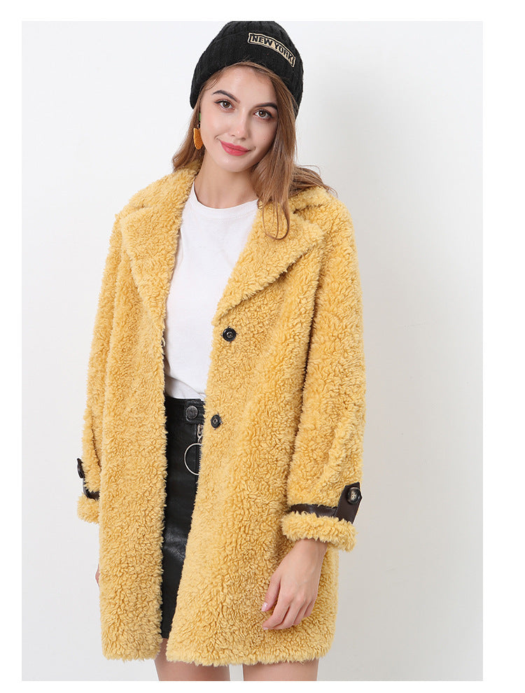 Damen Flauschiger Kurzmantel mit modischem Kragen und Knöpfen R&B