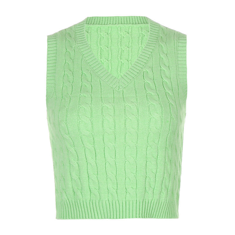 Damen Strick-Crop-Top mit V-Ausschnitt und Zopfmuster R&B