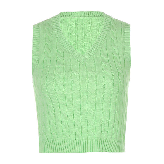 Damen Strick-Crop-Top mit V-Ausschnitt und Zopfmuster R&B