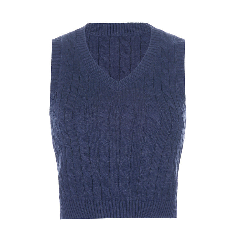 Damen Strick-Crop-Top mit V-Ausschnitt und Zopfmuster R&B
