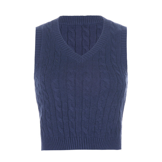 Damen Strick-Crop-Top mit V-Ausschnitt und Zopfmuster R&B