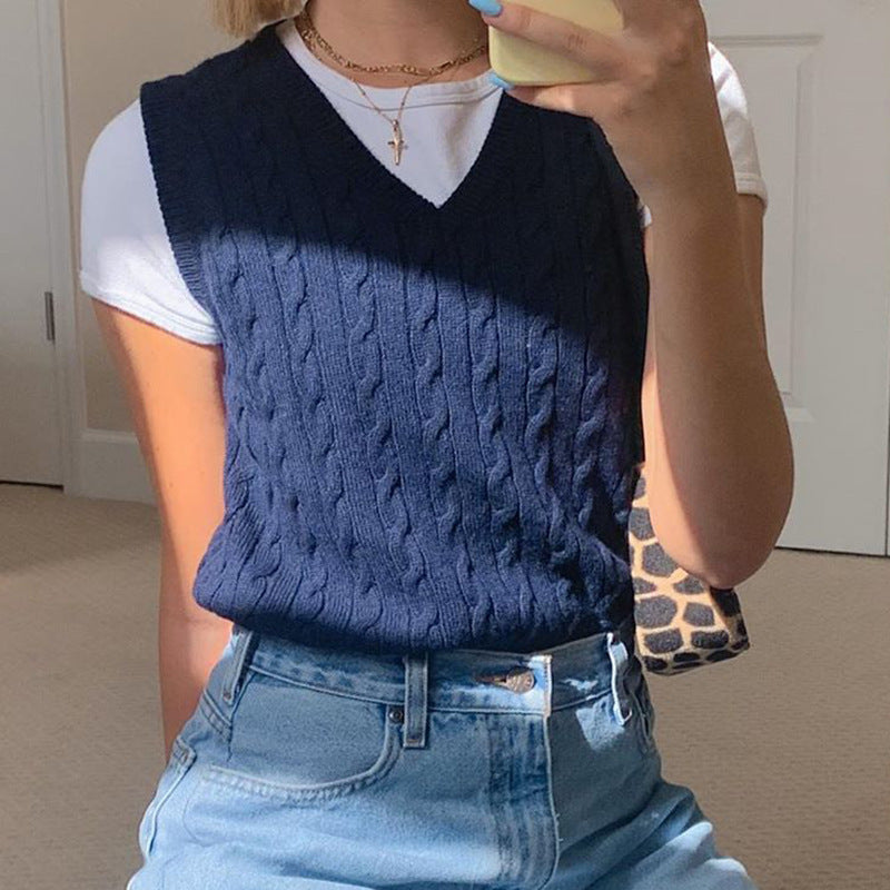 Damen Strick-Crop-Top mit V-Ausschnitt und Zopfmuster R&B