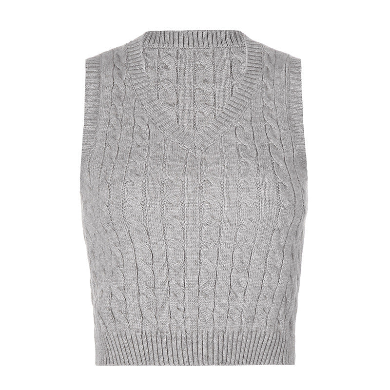 Damen Strick-Crop-Top mit V-Ausschnitt und Zopfmuster R&B