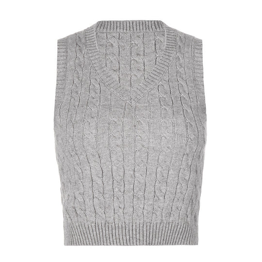 Damen Strick-Crop-Top mit V-Ausschnitt und Zopfmuster R&B