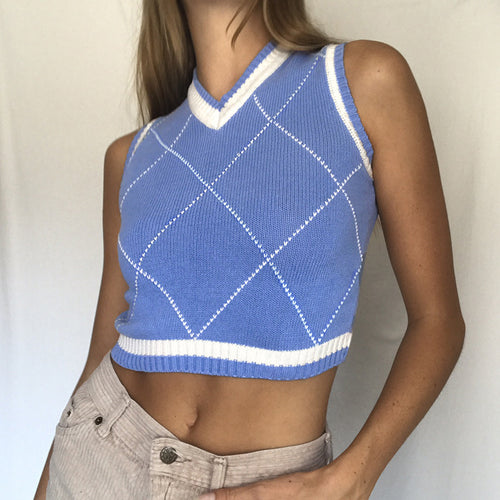 Damen gestricktes Crop-Top mit Rautenmuster und V-Ausschnitt R&B